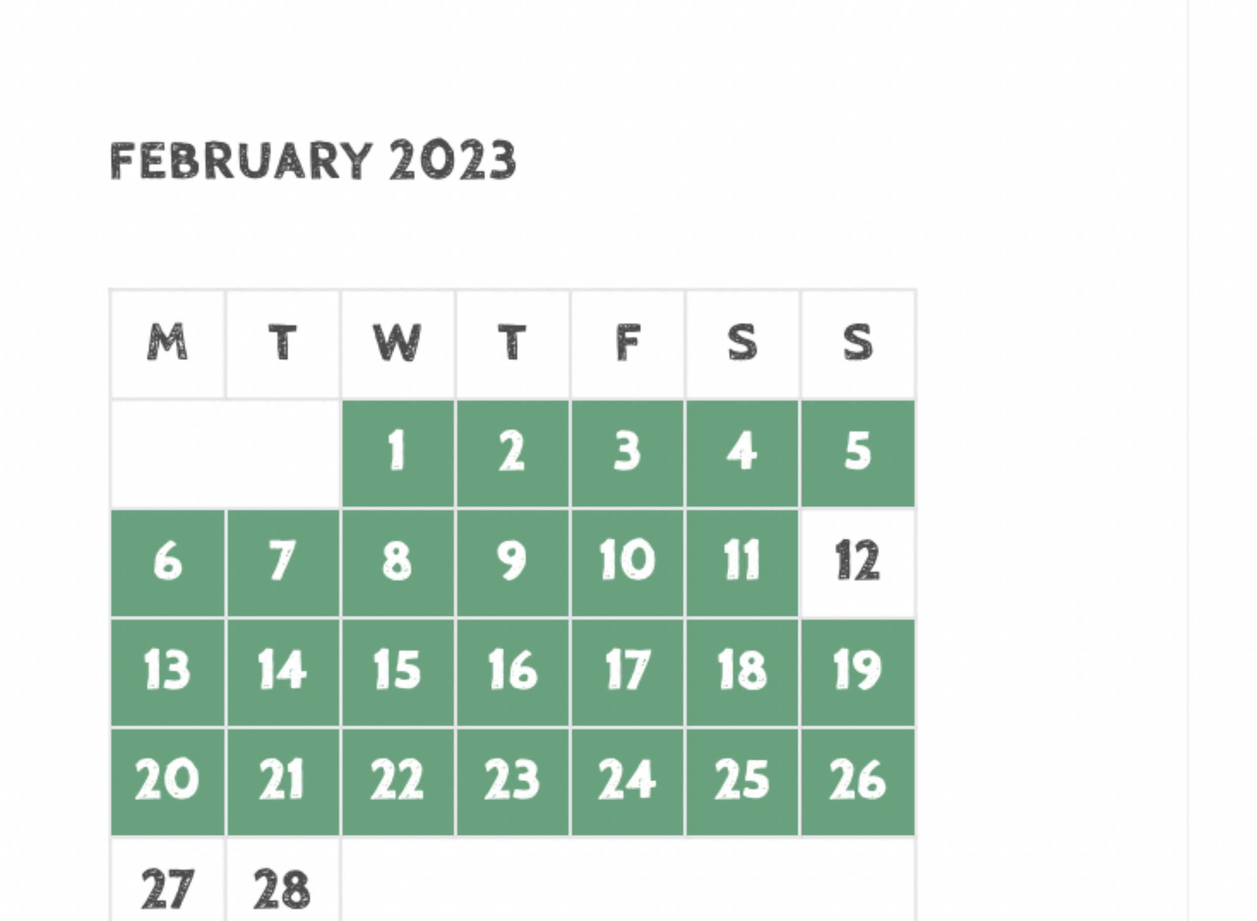 screen shot of calendar with green boxes
